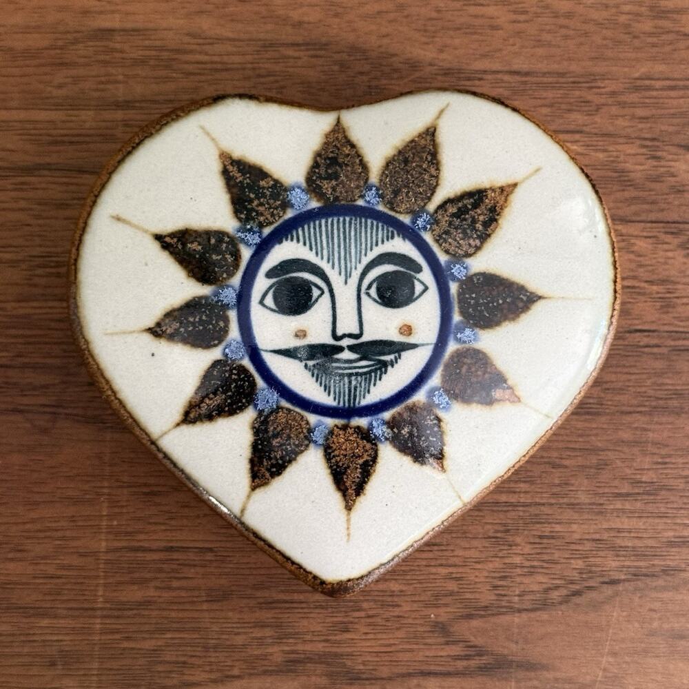 Vintage Ceramic Heart Lidded Decorative Box Sun Face Mexico 4x4x2"